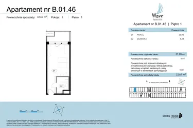 Rzut - Mieszkanie na sprzedaż 1 pokój o powierzchni 32,69 m² - numer B.01.46 w Wave Świnoujście Thermal & Spa