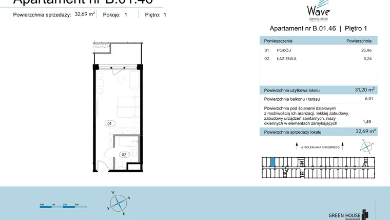 Rzut - Mieszkanie na sprzedaż 1 pokój o powierzchni 32,69 m² - numer B.01.46 w Wave Świnoujście Thermal & Spa