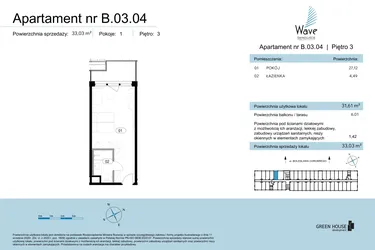 Rzut - Mieszkanie na sprzedaż 1 pokój o powierzchni 33,03 m² - numer B.03.04 w Wave Świnoujście Thermal & Spa