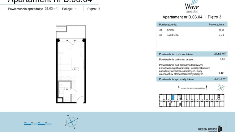 Rzut - Mieszkanie na sprzedaż 1 pokój o powierzchni 33,03 m² - numer B.03.04 w Wave Świnoujście Thermal & Spa