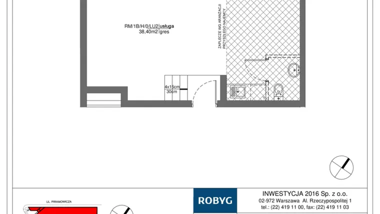 Rzut - Lokal użytkowy na sprzedaż 1 pokój o powierzchni 38,4 m² - numer RM/1B/H/0/LU2 w Rytm Mokotowa - etap 1B