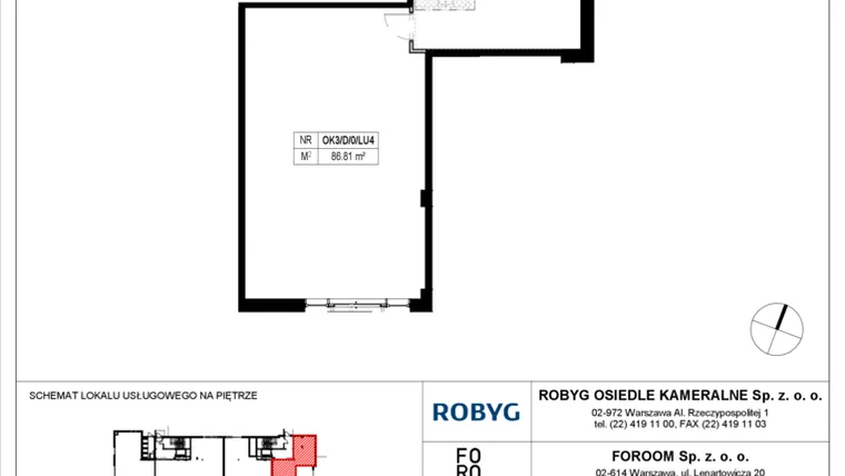 Rzut - Lokal użytkowy na sprzedaż 1 pokój o powierzchni 86,81 m² - numer OK3/D/0/LU4 w Osiedle Kameralne