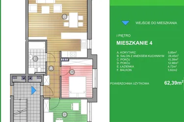 Rzut - Mieszkanie na sprzedaż 3 pokoje o powierzchni 62,39 m² - numer WM/4 w Osiedle Natura - Bud. WN i WM