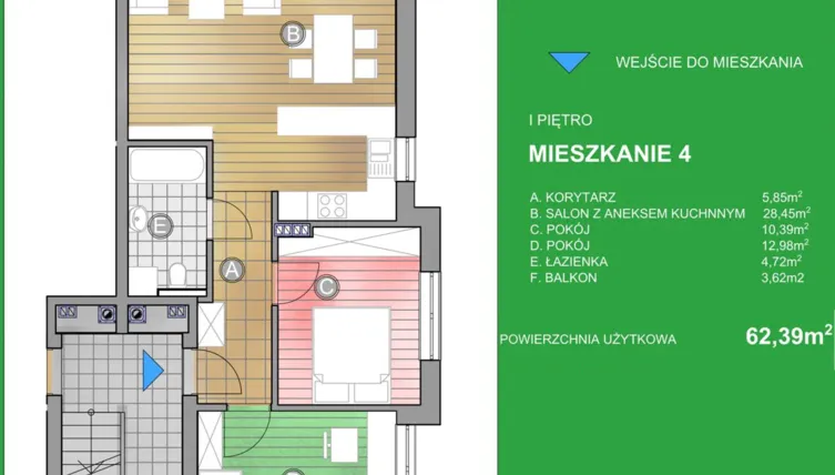 Rzut - Mieszkanie na sprzedaż 3 pokoje o powierzchni 62,39 m² - numer WM/4 w Osiedle Natura - Bud. WN i WM