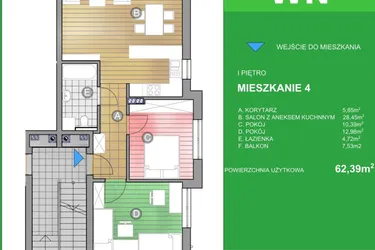 Rzut - Mieszkanie na sprzedaż 3 pokoje o powierzchni 62,39 m² - numer WN/4 w Osiedle Natura - Bud. WN i WM