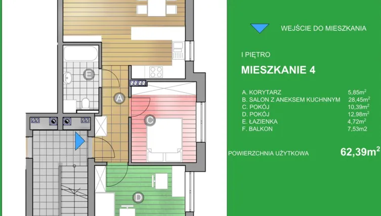Rzut - Mieszkanie na sprzedaż 3 pokoje o powierzchni 62,39 m² - numer WN/4 w Osiedle Natura - Bud. WN i WM