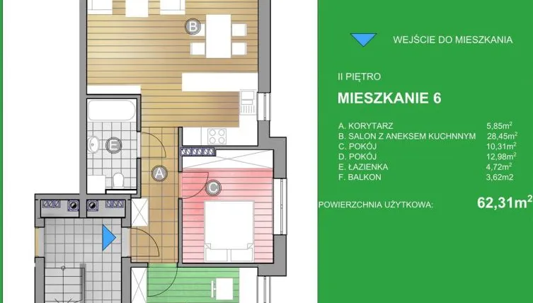 Rzut - Mieszkanie na sprzedaż 3 pokoje o powierzchni 62,31 m² - numer WN/6 w Osiedle Natura - Bud. WN i WM