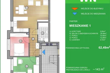 Rzut - Mieszkanie na sprzedaż 3 pokoje o powierzchni 62,49 m² - numer WN/1 w Osiedle Natura - Bud. WN i WM