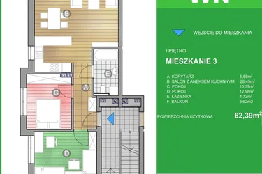 Rzut - Mieszkanie na sprzedaż 3 pokoje o powierzchni 62,39 m² - numer WN/3 w Osiedle Natura - Bud. WN i WM