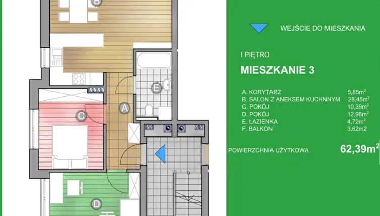 Rzut - Mieszkanie na sprzedaż 3 pokoje o powierzchni 62,39 m² - numer WN/3 w Osiedle Natura - Bud. WN i WM