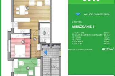 Rzut - Mieszkanie na sprzedaż 3 pokoje o powierzchni 62,31 m² - numer WN/5 w Osiedle Natura - Bud. WN i WM
