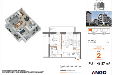 Rzut - Mieszkanie na sprzedaż 2 pokoje o powierzchni 46,57 m² - numer 2 w Osiedle Bulwar bud. 5