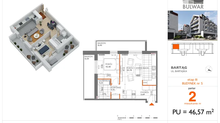 Rzut - Mieszkanie na sprzedaż 2 pokoje o powierzchni 46,57 m² - numer 2 w Osiedle Bulwar bud. 5