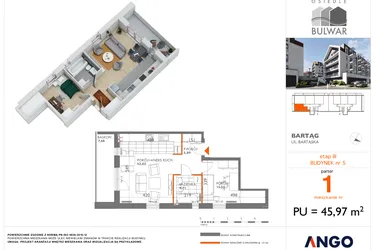 Rzut - Mieszkanie na sprzedaż 2 pokoje o powierzchni 45,97 m² - numer 1 w Osiedle Bulwar bud. 5
