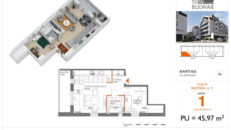 Rzut - Mieszkanie na sprzedaż 2 pokoje o powierzchni 45,97 m² - numer 1 w Osiedle Bulwar bud. 5