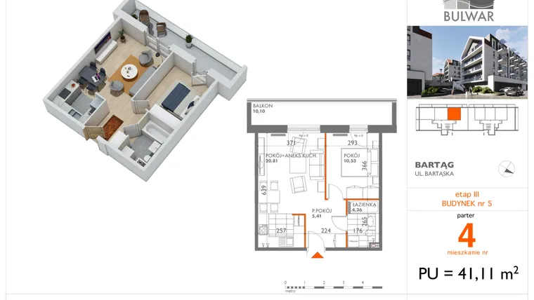 Rzut - Mieszkanie na sprzedaż 2 pokoje o powierzchni 41,11 m² - numer 4 w Osiedle Bulwar bud. 5