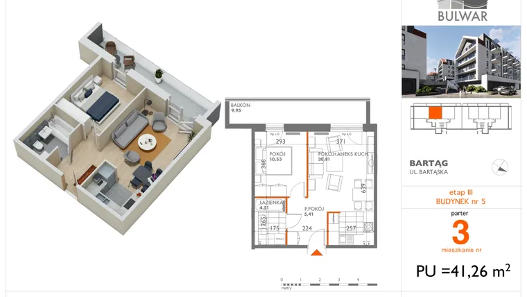 Rzut - Mieszkanie na sprzedaż 2 pokoje o powierzchni 41,26 m² - numer 3 w Osiedle Bulwar bud. 5