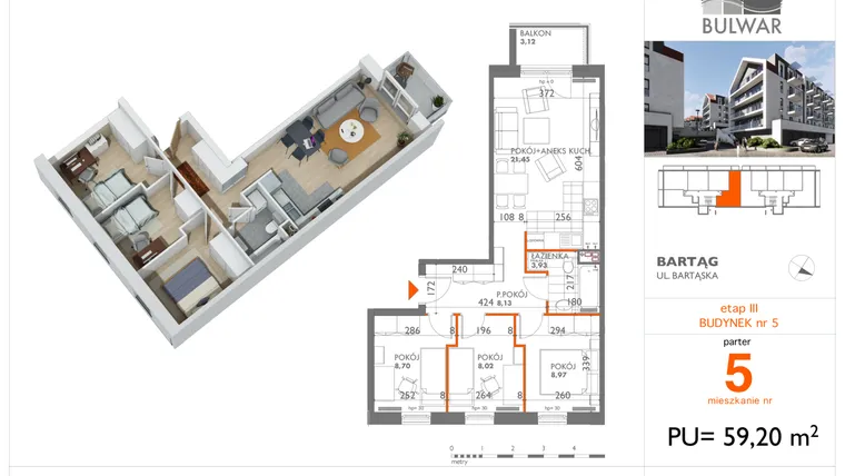 Rzut - Mieszkanie na sprzedaż 4 pokoje o powierzchni 59,2 m² - numer 5 w Osiedle Bulwar bud. 5