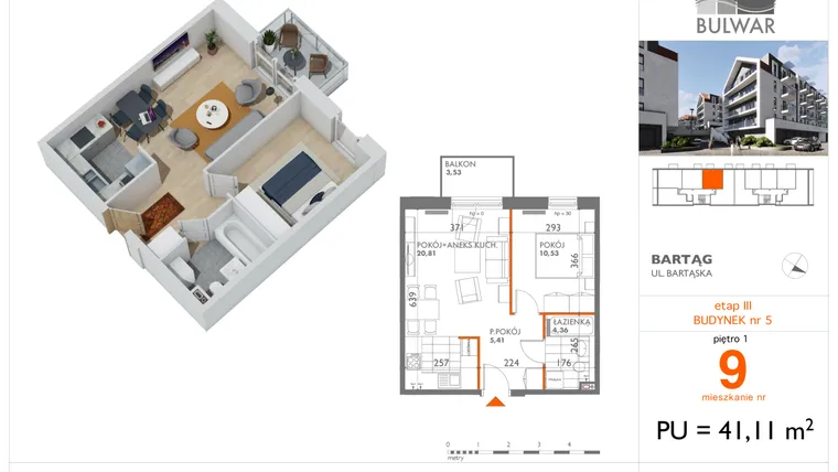 Rzut - Mieszkanie na sprzedaż 2 pokoje o powierzchni 41,11 m² - numer 9 w Osiedle Bulwar bud. 5