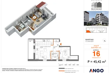 Rzut - Mieszkanie na sprzedaż 2 pokoje o powierzchni 45,42 m² - numer 16 w Osiedle Bulwar bud. 5