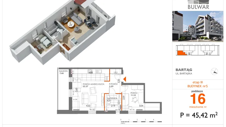 Rzut - Mieszkanie na sprzedaż 2 pokoje o powierzchni 45,42 m² - numer 16 w Osiedle Bulwar bud. 5