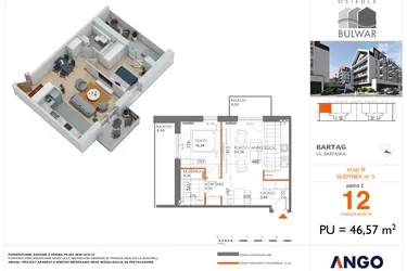 Rzut - Mieszkanie na sprzedaż 2 pokoje o powierzchni 46,57 m² - numer 12 w Osiedle Bulwar bud. 5