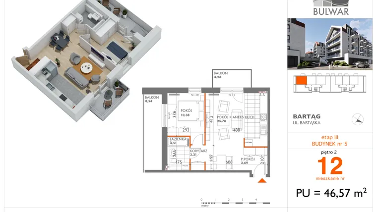 Rzut - Mieszkanie na sprzedaż 2 pokoje o powierzchni 46,57 m² - numer 12 w Osiedle Bulwar bud. 5