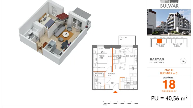 Rzut - Mieszkanie na sprzedaż 2 pokoje o powierzchni 40,56 m² - numer 18 w Osiedle Bulwar bud. 5