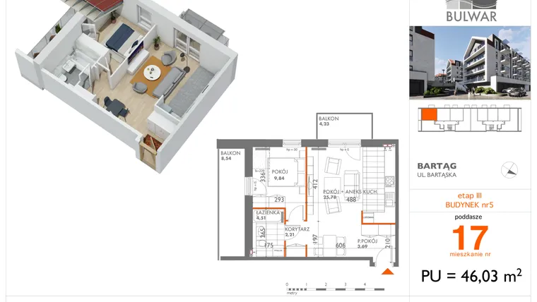 Rzut - Mieszkanie na sprzedaż 2 pokoje o powierzchni 46,03 m² - numer 17 w Osiedle Bulwar bud. 5