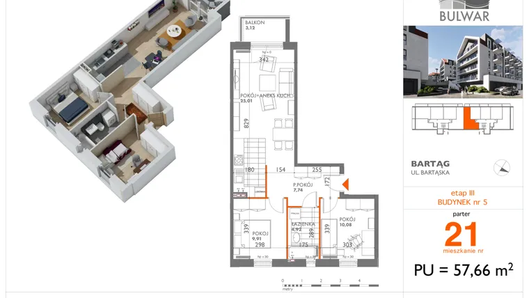 Rzut - Mieszkanie na sprzedaż 3 pokoje o powierzchni 57,66 m² - numer 21 w Osiedle Bulwar bud. 5