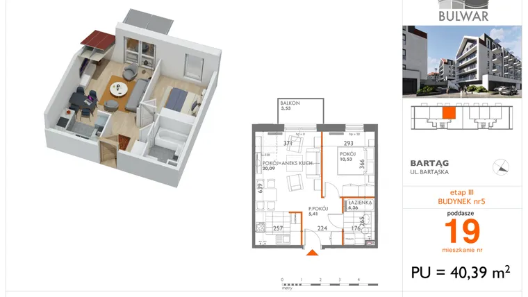 Rzut - Mieszkanie na sprzedaż 2 pokoje o powierzchni 40,39 m² - numer 19 w Osiedle Bulwar bud. 5