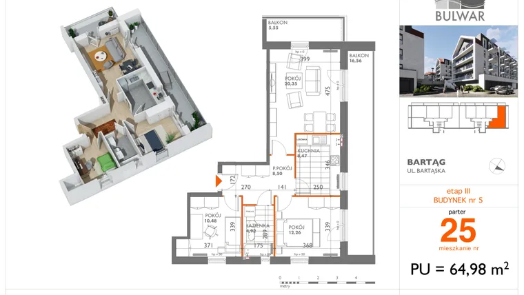 Rzut - Mieszkanie na sprzedaż 3 pokoje o powierzchni 64,98 m² - numer 25 w Osiedle Bulwar bud. 5