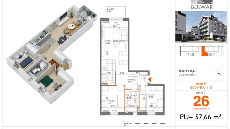 Rzut - Mieszkanie na sprzedaż 3 pokoje o powierzchni 57,66 m² - numer 26 w Osiedle Bulwar bud. 5
