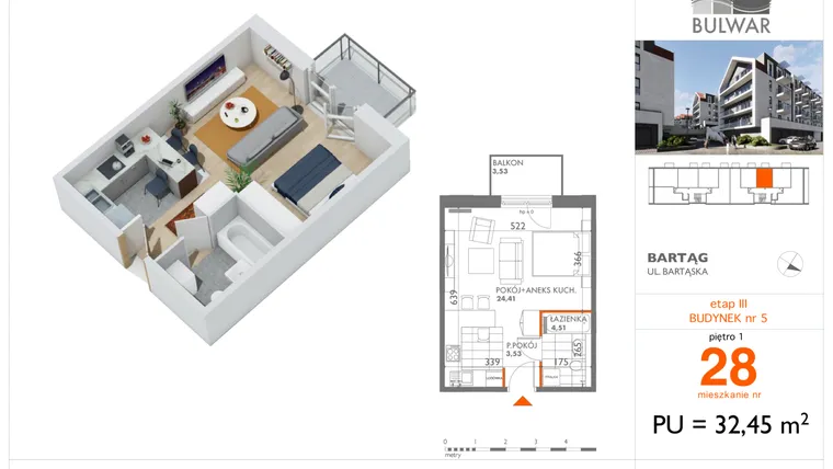 Rzut - Mieszkanie na sprzedaż 1 pokój o powierzchni 32,45 m² - numer 28 w Osiedle Bulwar bud. 5