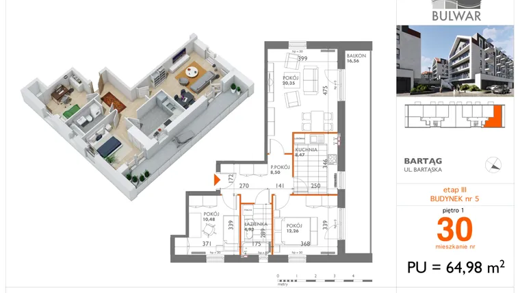 Rzut - Mieszkanie na sprzedaż 3 pokoje o powierzchni 64,98 m² - numer 30 w Osiedle Bulwar bud. 5