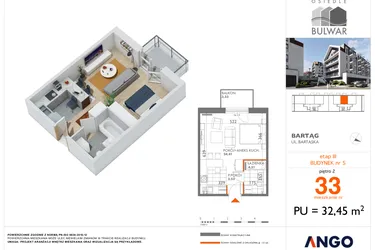 Rzut - Mieszkanie na sprzedaż 1 pokój o powierzchni 32,45 m² - numer 33 w Osiedle Bulwar bud. 5