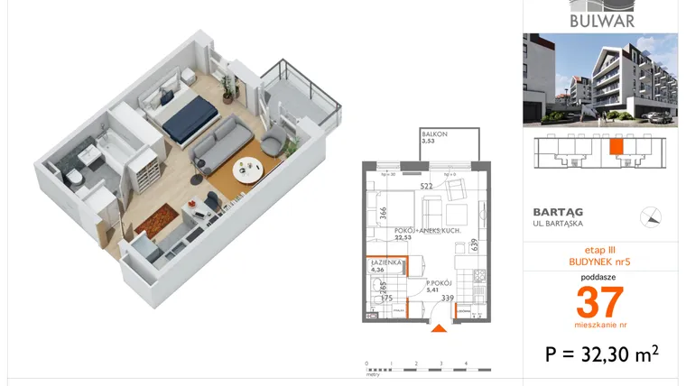 Rzut - Mieszkanie na sprzedaż 1 pokój o powierzchni 32,3 m² - numer 37 w Osiedle Bulwar bud. 5