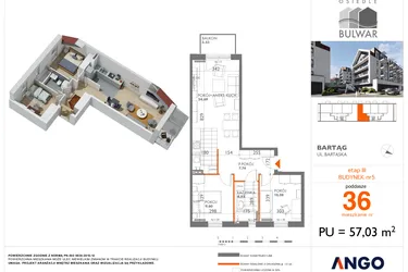 Rzut - Mieszkanie na sprzedaż 3 pokoje o powierzchni 57,03 m² - numer 36 w Osiedle Bulwar bud. 5