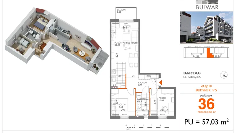 Rzut - Mieszkanie na sprzedaż 3 pokoje o powierzchni 57,03 m² - numer 36 w Osiedle Bulwar bud. 5