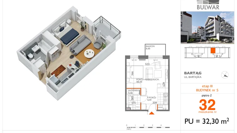 Rzut - Mieszkanie na sprzedaż 1 pokój o powierzchni 32,3 m² - numer 32 w Osiedle Bulwar bud. 5