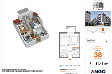 Rzut - Mieszkanie na sprzedaż 2 pokoje o powierzchni 31,41 m² - numer 38 w Osiedle Bulwar bud. 5