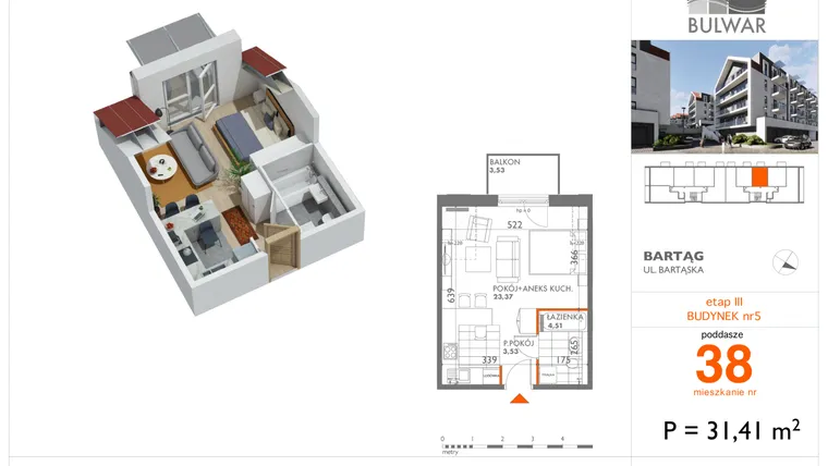 Rzut - Mieszkanie na sprzedaż 2 pokoje o powierzchni 31,41 m² - numer 38 w Osiedle Bulwar bud. 5