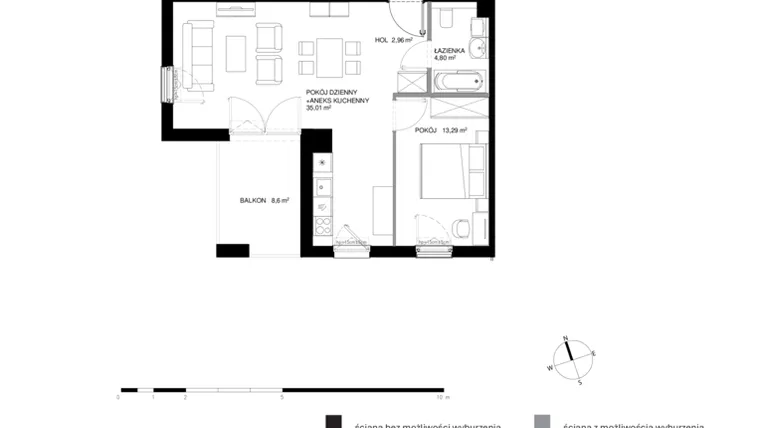 Rzut - Mieszkanie na sprzedaż 2 pokoje o powierzchni 56,06 m² - numer U1.3.4 w Nadmorski Dwór bud. U i W