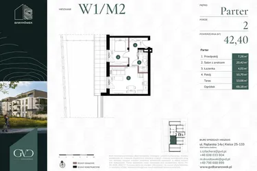 Rzut - Mieszkanie na sprzedaż 2 pokoje o powierzchni 42,4 m² - numer W1/02 w Baranówek