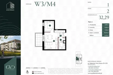 Rzut - Mieszkanie na sprzedaż 2 pokoje o powierzchni 32,29 m² - numer W3/04 w Baranówek