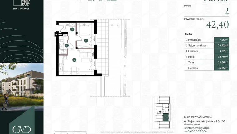 Rzut - Mieszkanie na sprzedaż 2 pokoje o powierzchni 42,4 m² - numer W4/02 w Baranówek