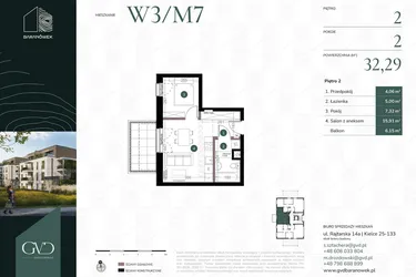 Rzut - Mieszkanie na sprzedaż 2 pokoje o powierzchni 32,29 m² - numer W3/07 w Baranówek