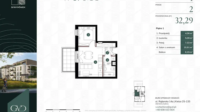 Rzut - Mieszkanie na sprzedaż 2 pokoje o powierzchni 32,29 m² - numer W5/04 w Baranówek