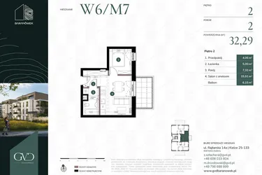 Rzut - Mieszkanie na sprzedaż 2 pokoje o powierzchni 32,29 m² - numer W6/07 w Baranówek