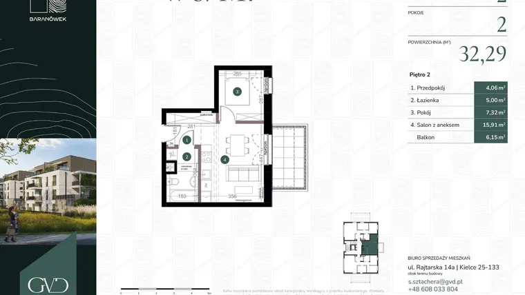 Rzut - Mieszkanie na sprzedaż 2 pokoje o powierzchni 32,29 m² - numer W6/07 w Baranówek